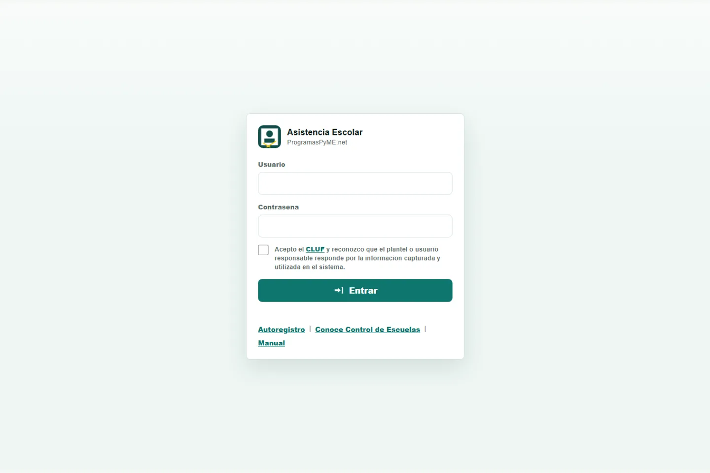 Asistencia escolar: pantalla de acceso