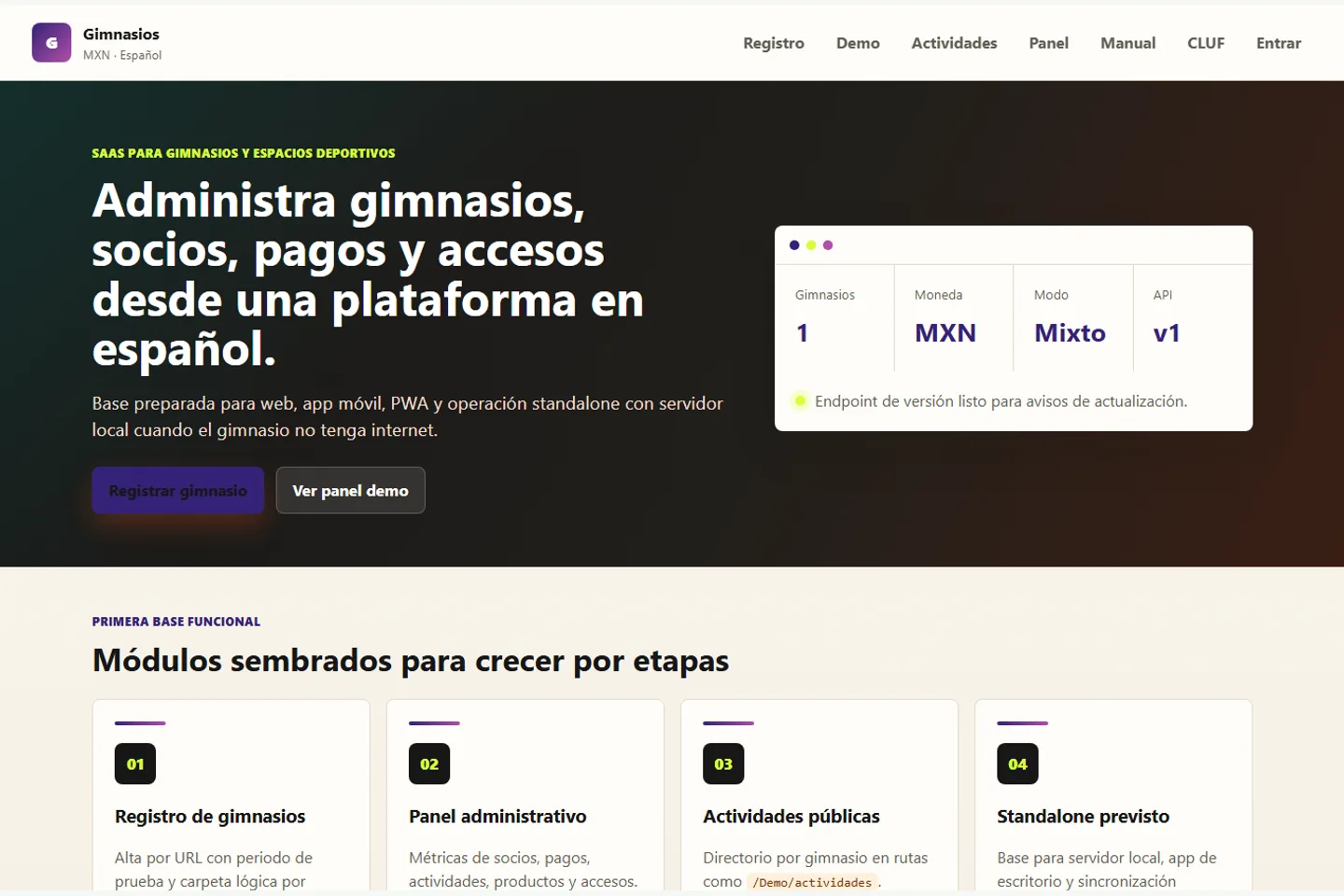 Gimnasios y clubes: vista del sitio de la aplicación