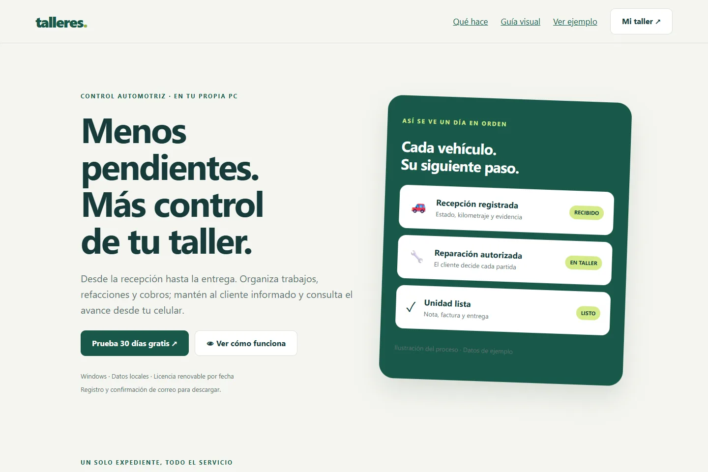 Talleres: vista del sitio de la aplicación